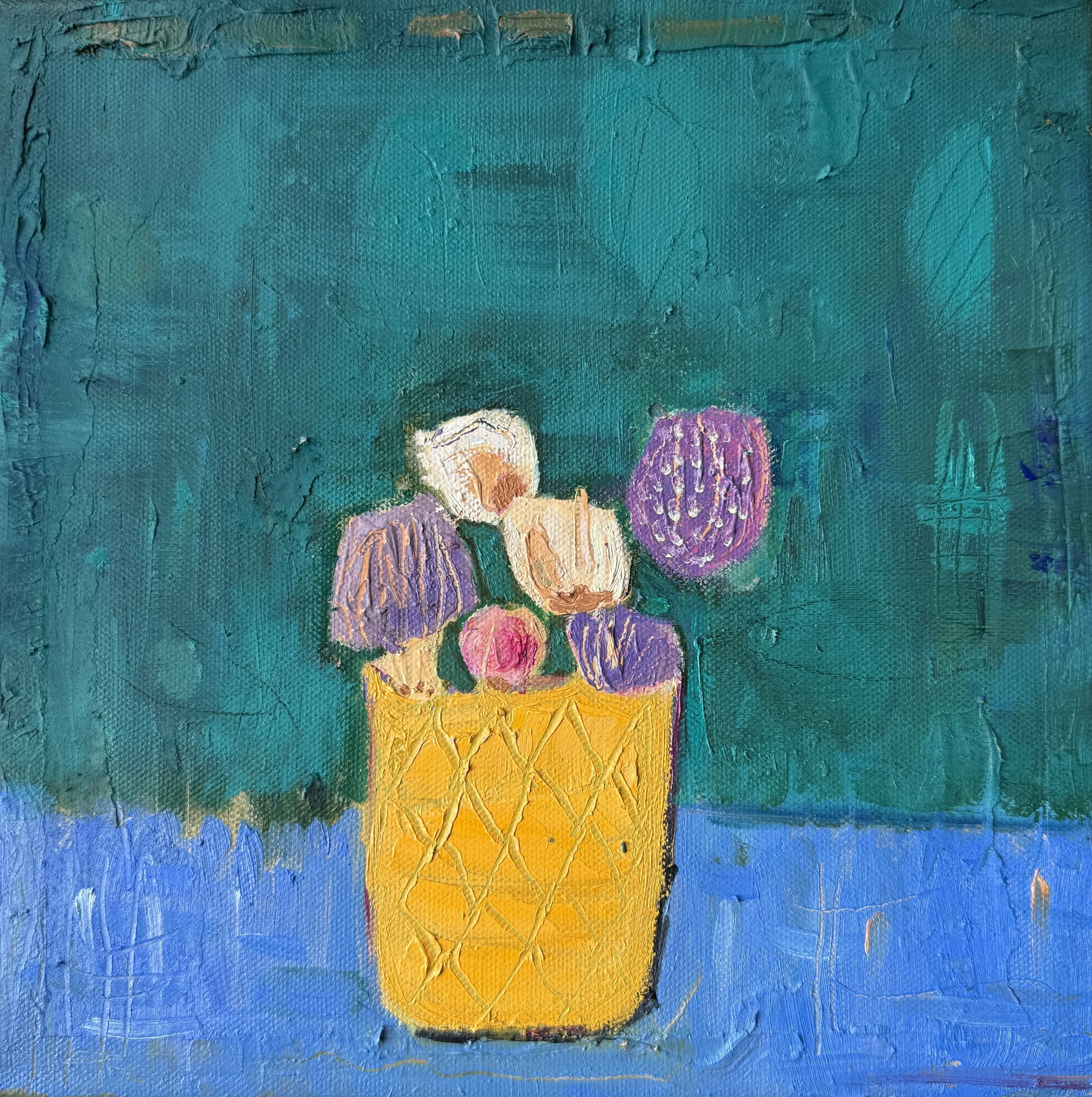 Golden (2025), oil, pencil and collage on canvas, 10x10