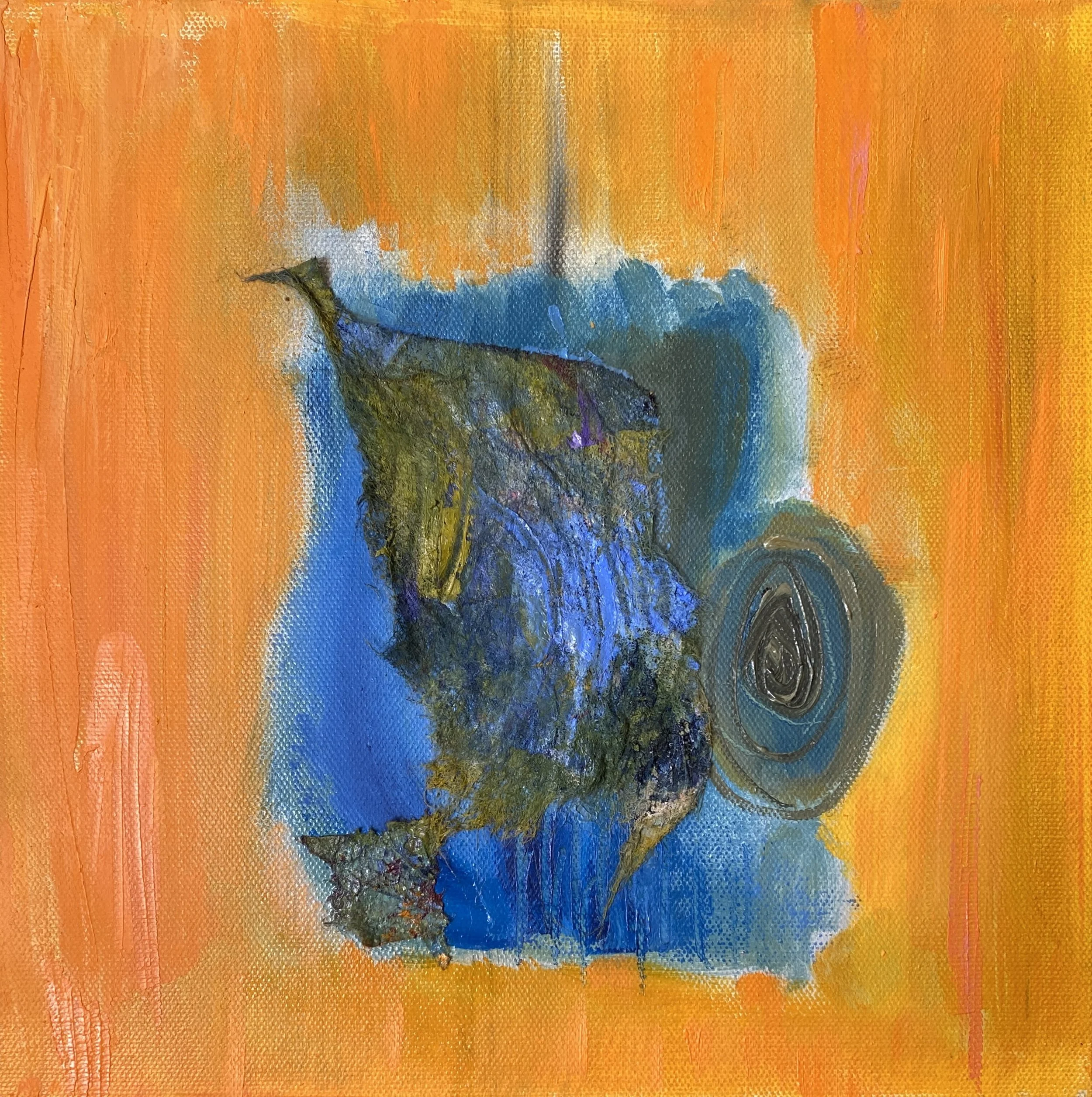 Whispers (2024), oil with painted dryer sheet, 10x10