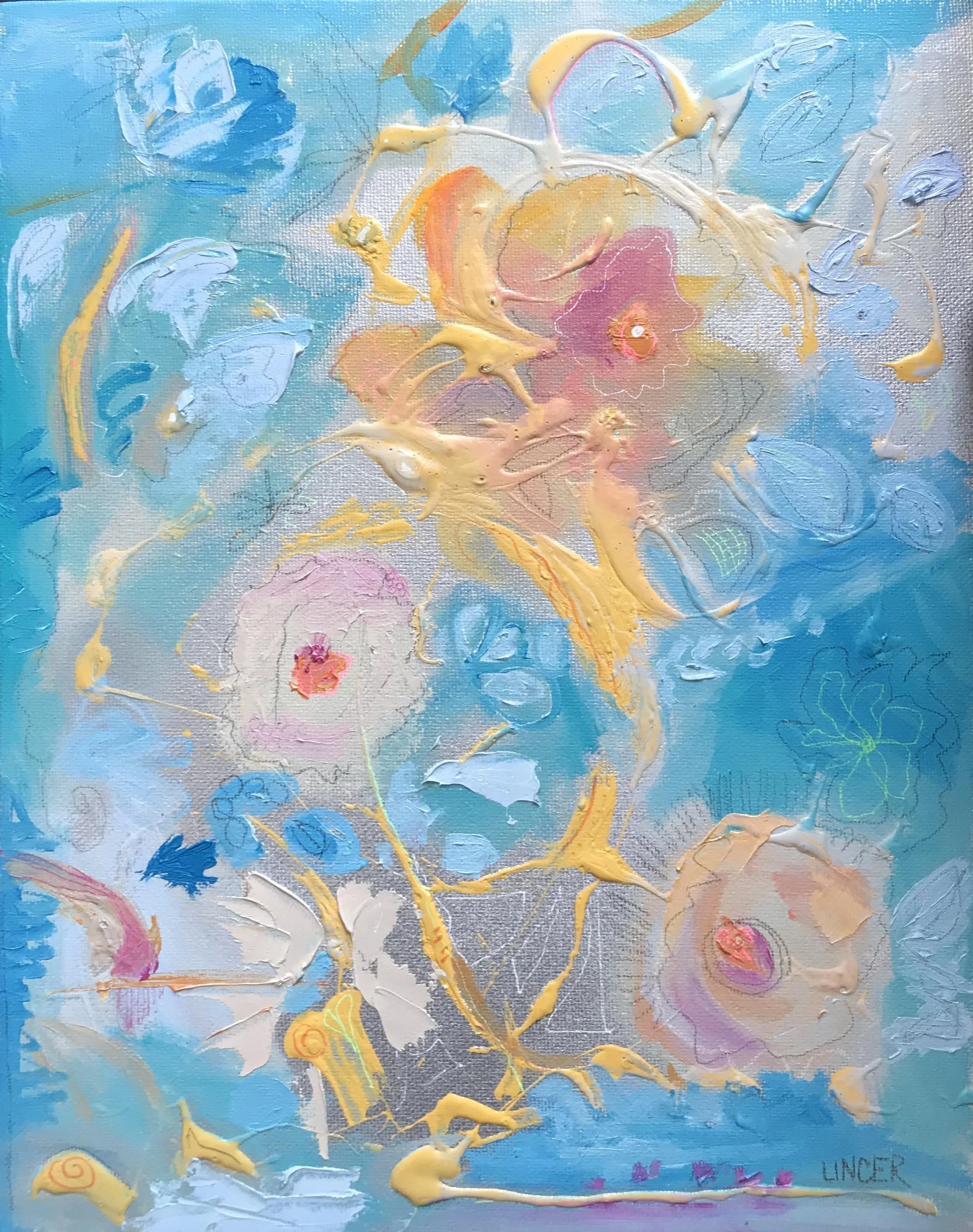 Arabesque (2020), oil, acrylic, spray paint and pencil on canvas, 14x11