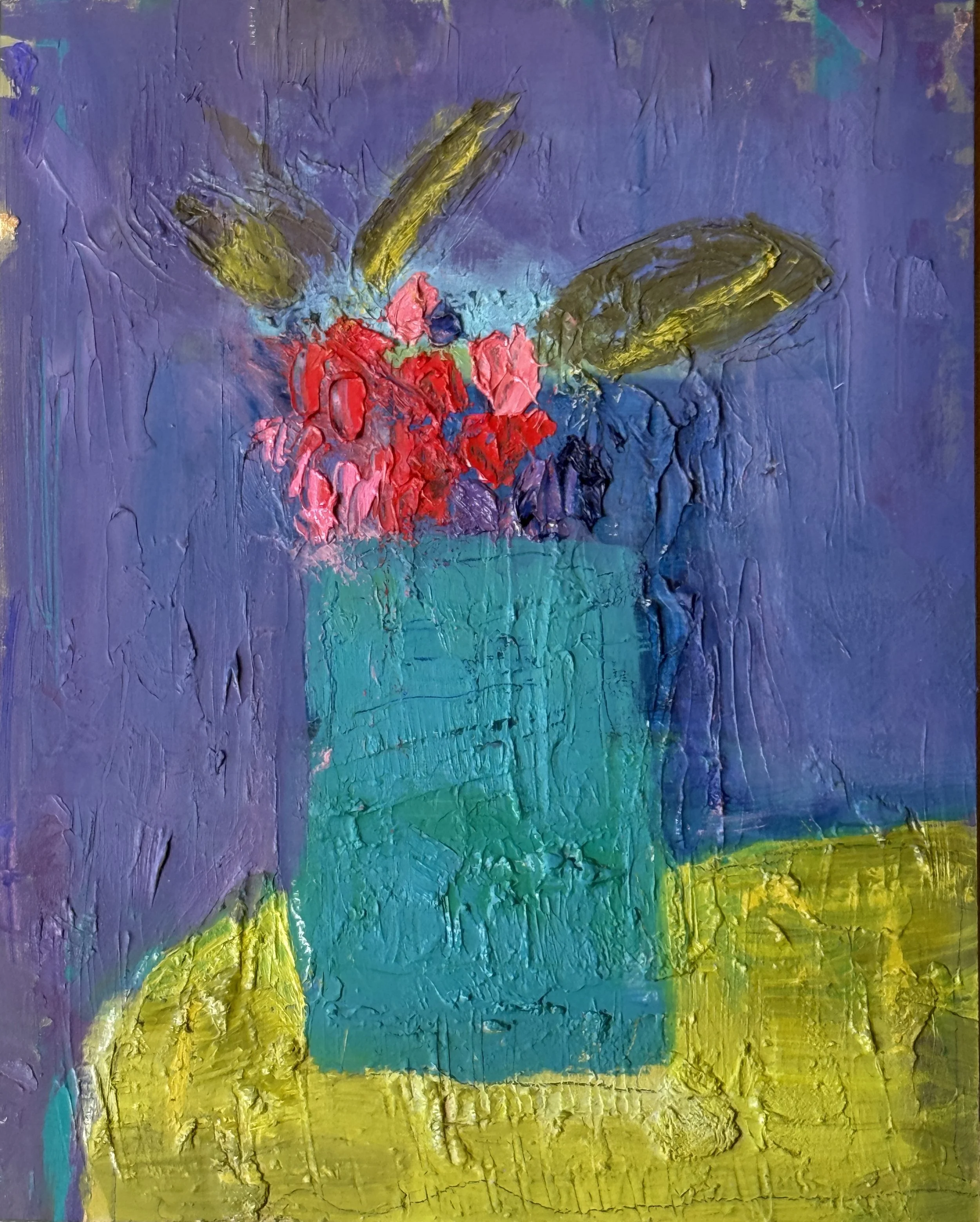 Still Life with Red Flowers (2026), oil on cradled panel, 10x8