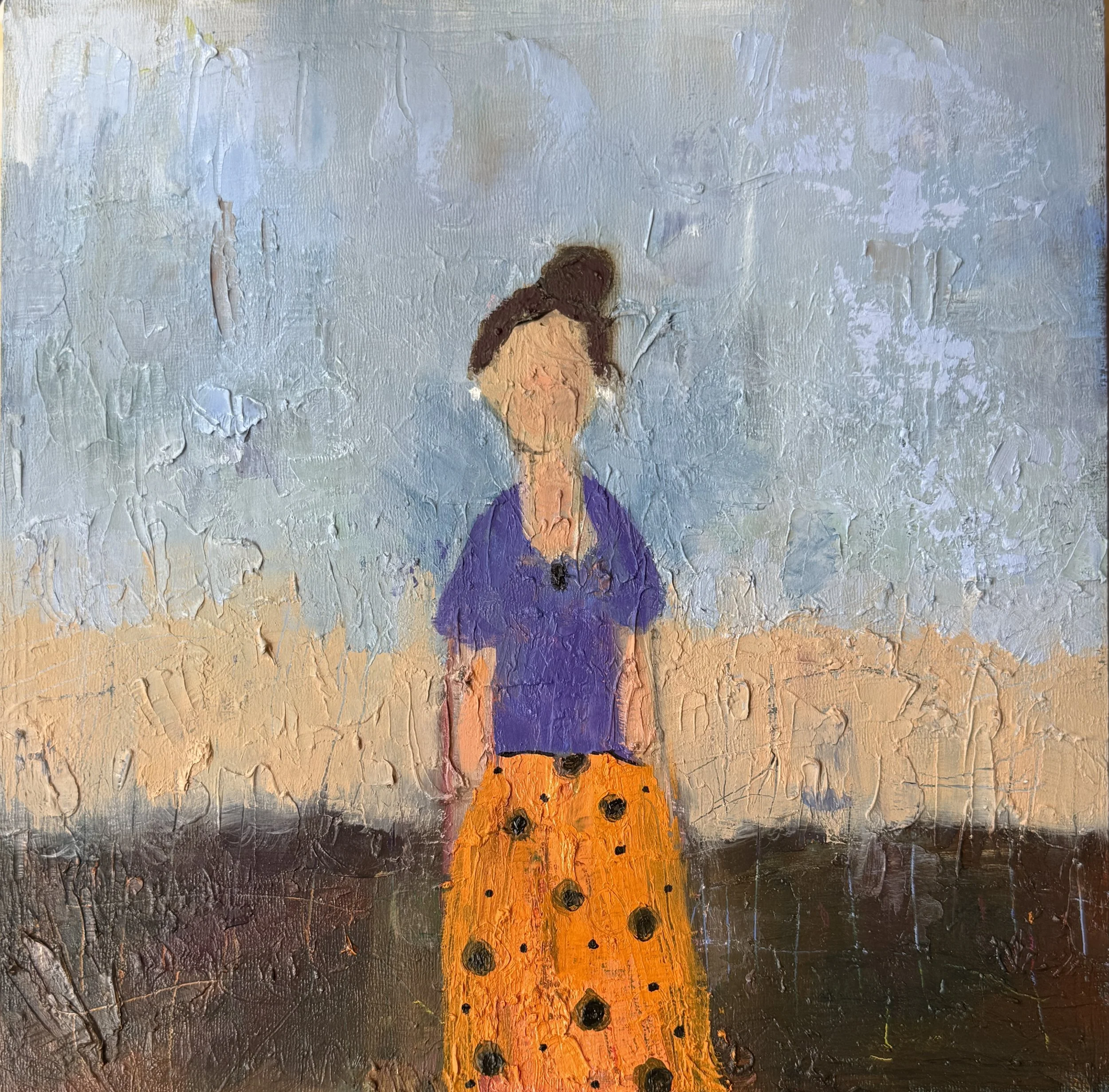 The Orange Skirt (2025), oil on cradled panel, 12x12