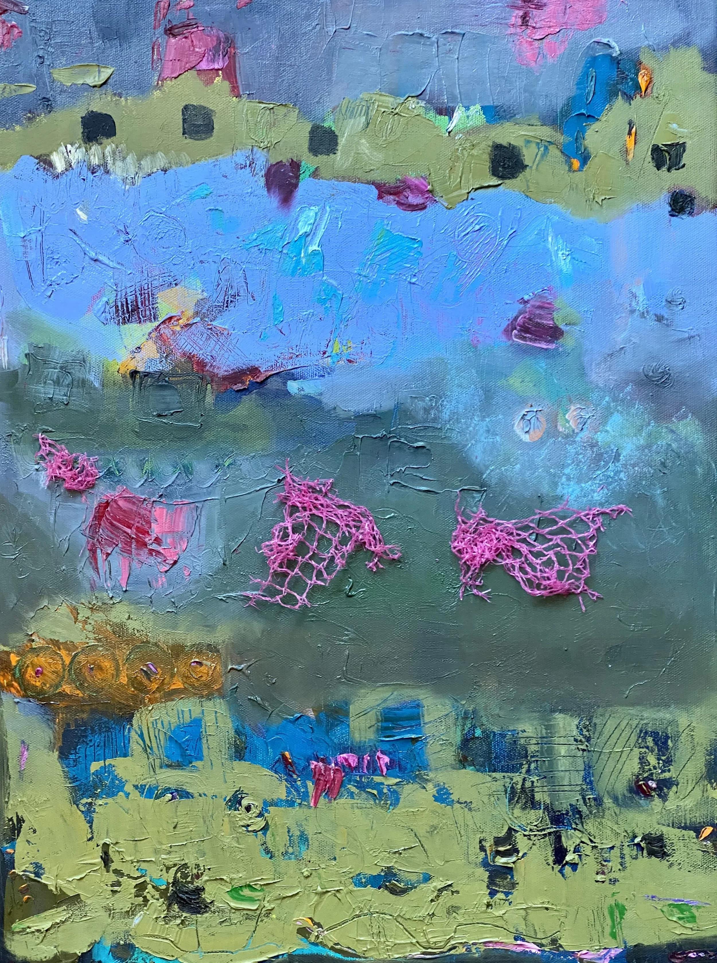 Interstice (2020), oil and mesh on canvas, 20x15