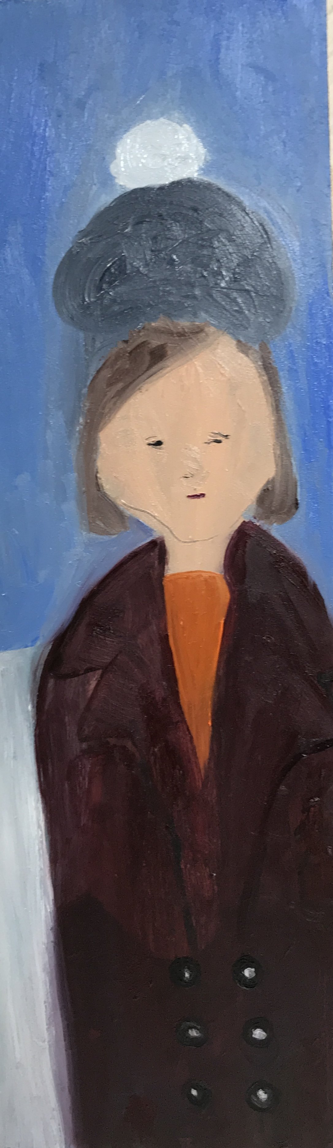 Girl in a Pompom Hat (2020), oil on wood, 13x4.25