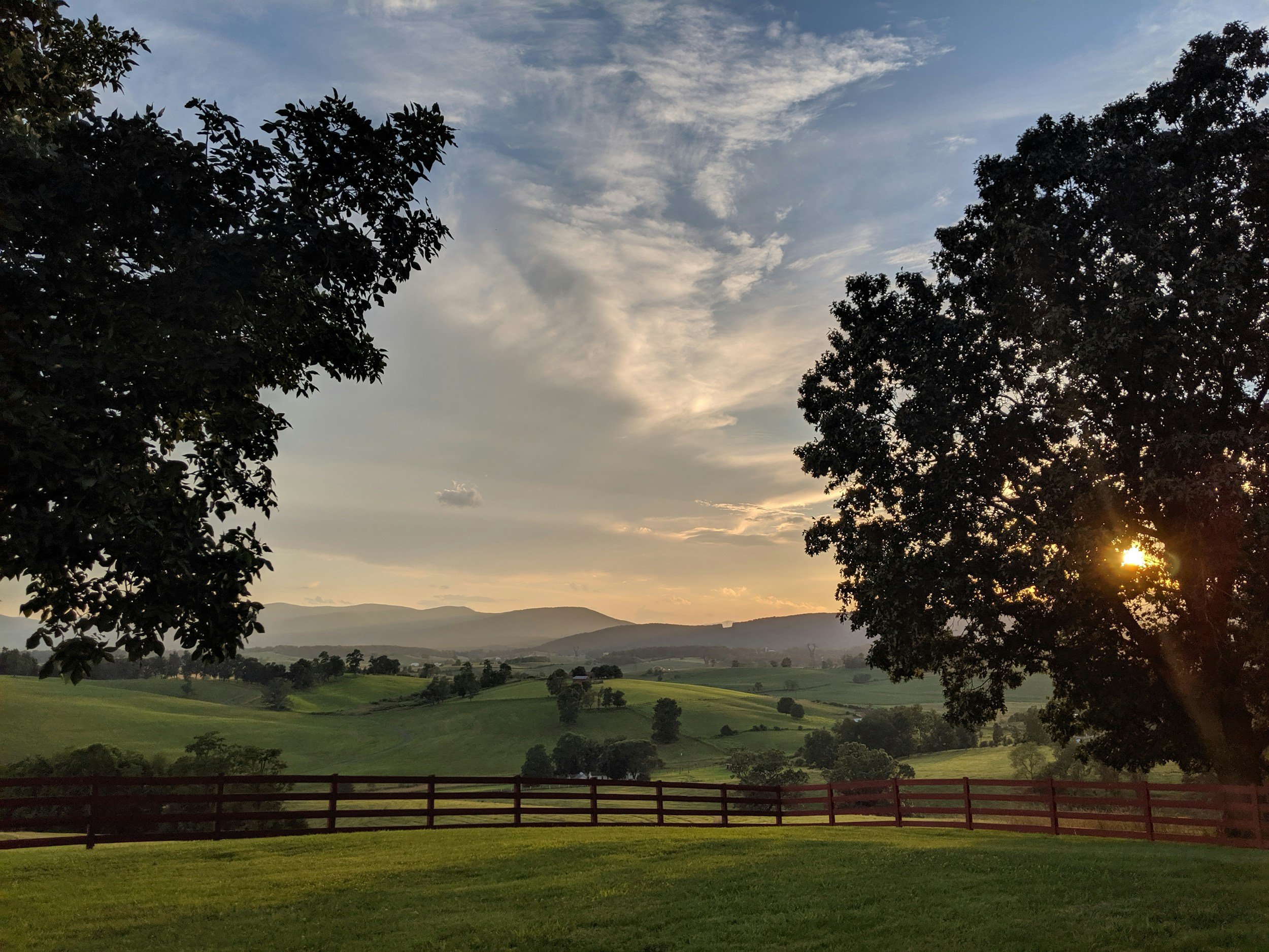 Sunset over rolling green hills, with trees in the foreground and a wooden fence, under a partly cloudy sky.