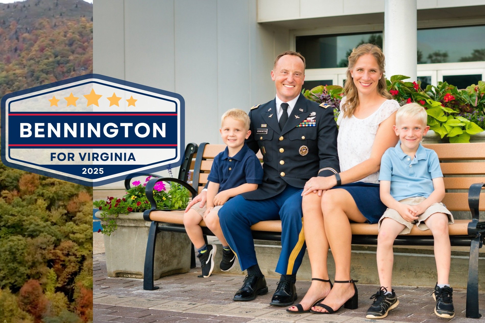 A family sitting on a bench outside, including a man in a military uniform, a woman, and two young boys, with campaign signage reading 'Bennington for Virginia 2025' on the left side.