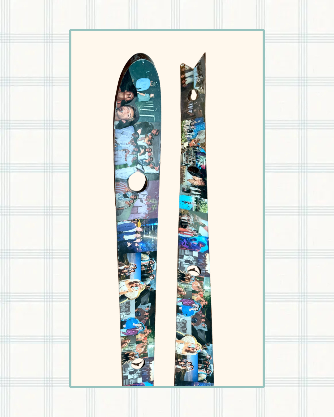 I collaged this shot ski with the recipient's personal photographs and coated it in a clear resin ensuring it would be waterproof and functional--not just fun!