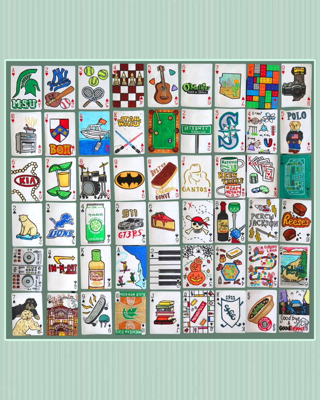 I was commissioned to paint this deck of cards; 54 inside jokes, 54 hand-painted cards (jokers included)