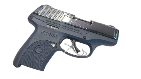 A Ruger semi-automatic pistol with a metallic slide and dark grip, shown in side view.