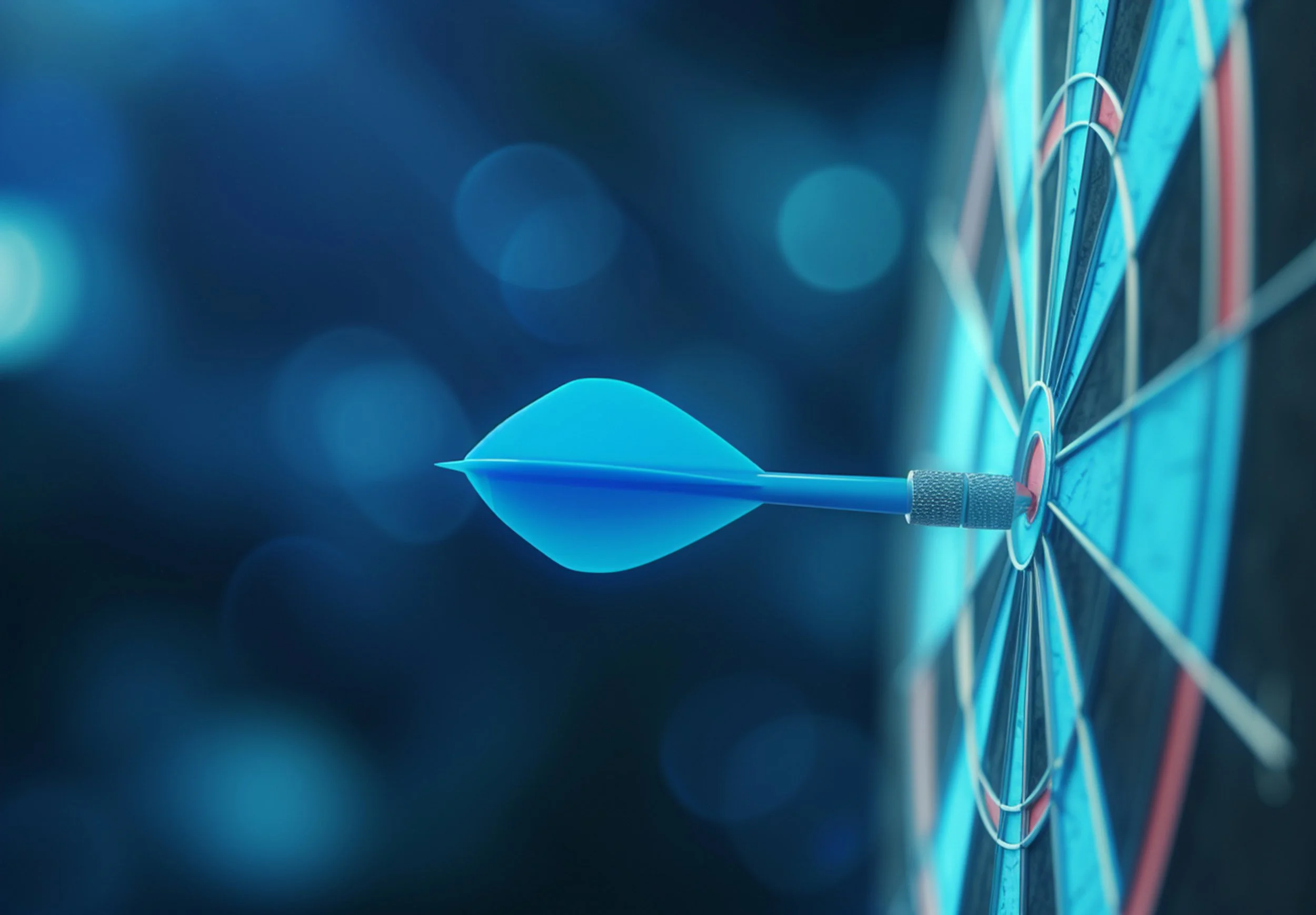 A blue dart hitting the bullseye on a dartboard.