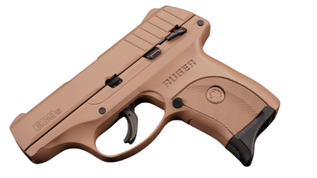 A tan Ruger LCP II semi-automatic pistol with a small frame and textured grip.