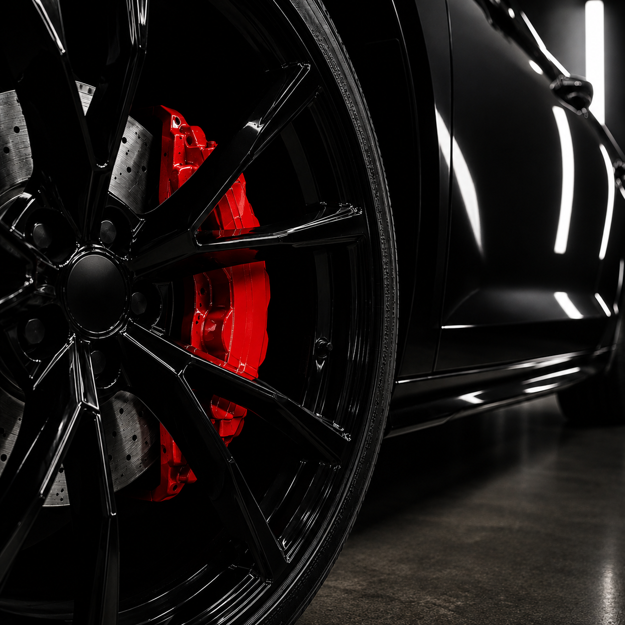 Close-up of a black car wheel with a red brake caliper visible behind it.