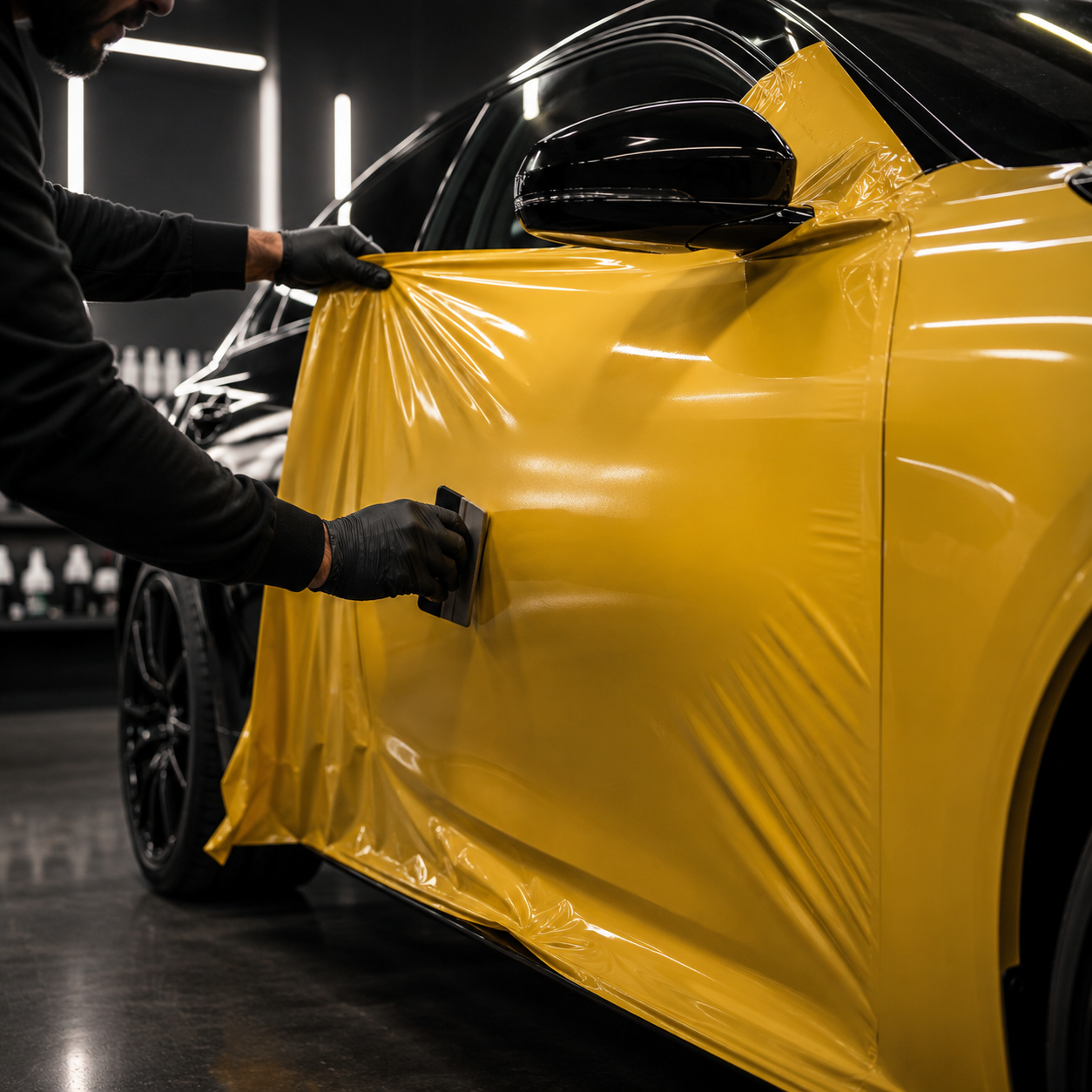 Color swatches, a color sample book, and color film sheets arranged on a blue car hood during a color matching process.