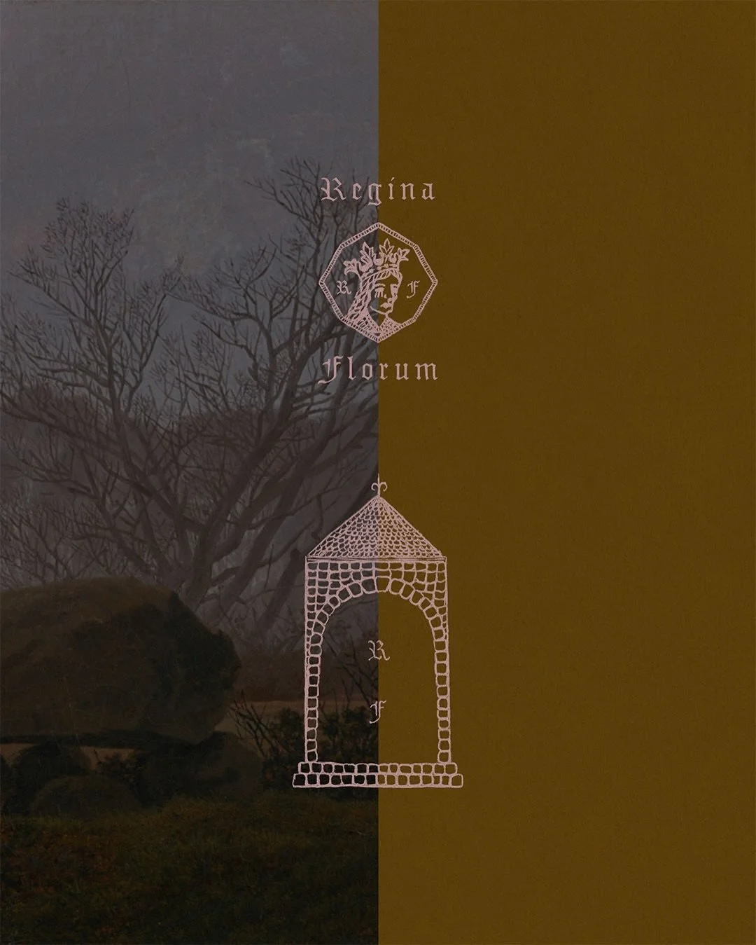 Regina Florum &mdash; the flower queen.

A world shaped by folklore, ornament, spring ritual, and imagined mythology.

Hand-drawn lettering, heraldic symbols, weathered textures, and poem beneath the flower moon.
