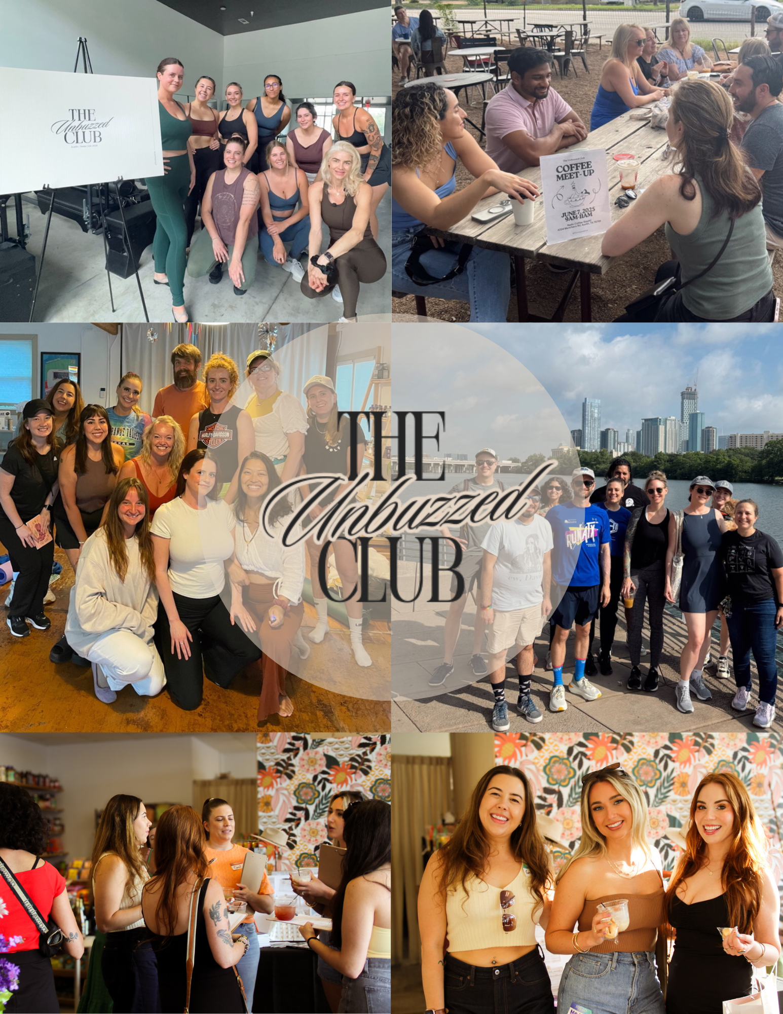 Collage of women at various social events including a fitness class, outdoor coffee meet-up, group gathering indoors, group walking on a bridge, people shopping, and women at a party with a floral backdrop, with a logo overlay reading "The Unbazzed Club."