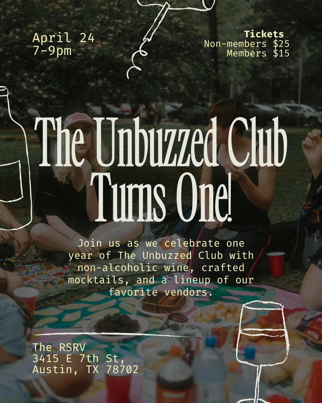 Invitation for The Unbuzzed Club's first anniversary celebration with details about the event date, time, ticket prices, venue address, and a background photo of people having a picnic outdoors with food and drinks.