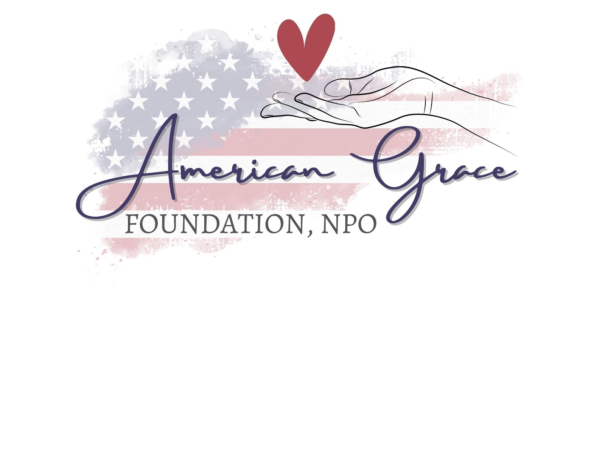 An illustration of a hand holding a red heart with an American flag background.
