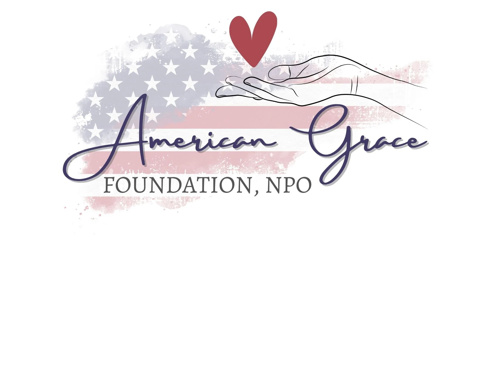 A line drawing of an outstretched hand with an American flag in the background and a red heart above the hand.