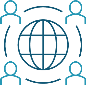 Icon of four connected people surrounding a globe