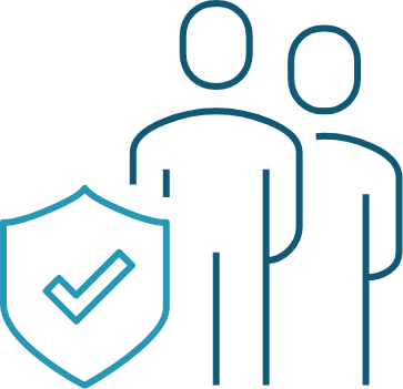 Line drawing of two standing figures behind a shield with a checkmark, symbolizing protection or security.