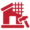 red icon of a house with buildings in the background