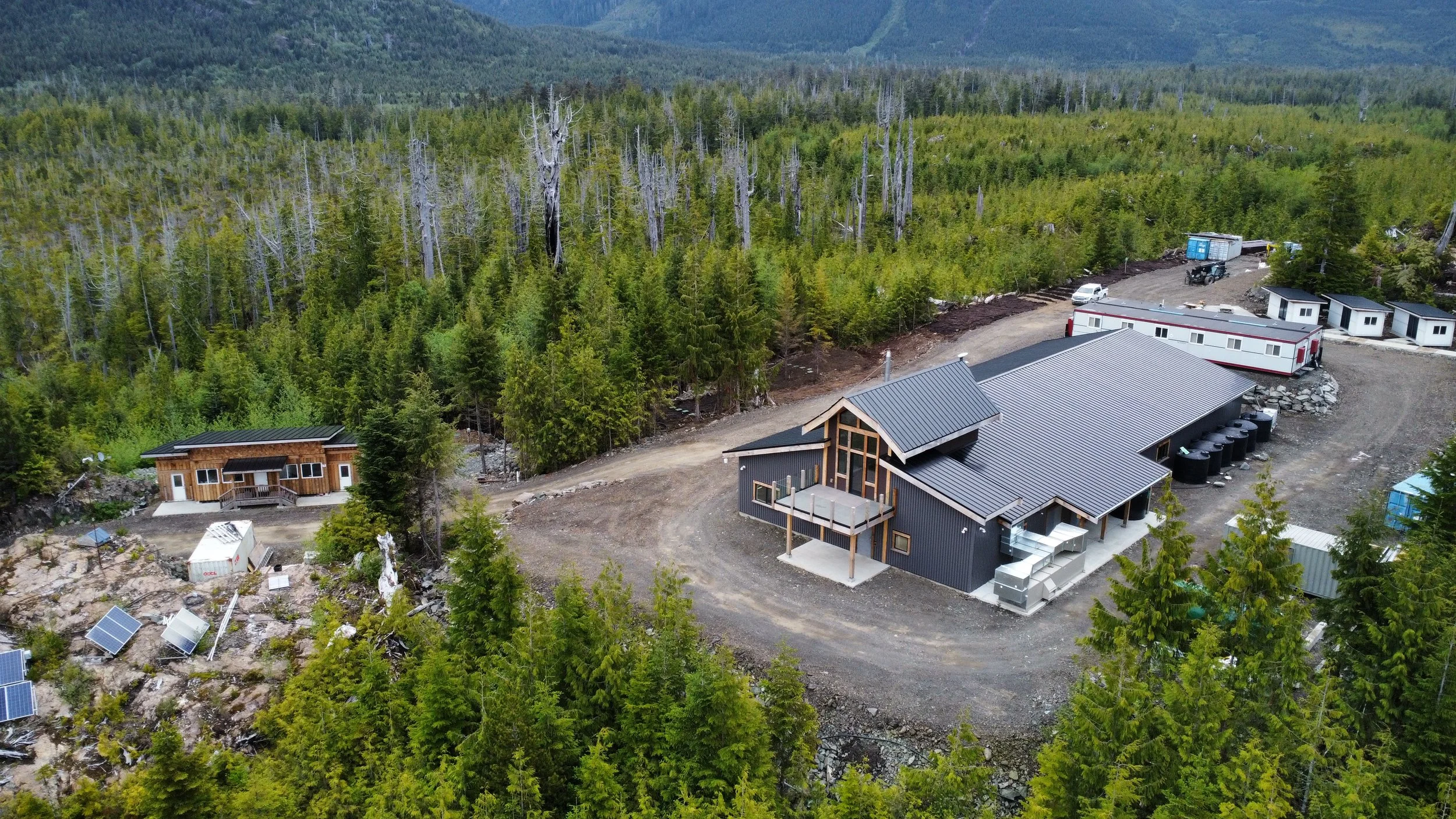 Aerial view of a forested area with a cluster of modern buildings, including a large dark-colored house with a metal roof, surrounded by forest.