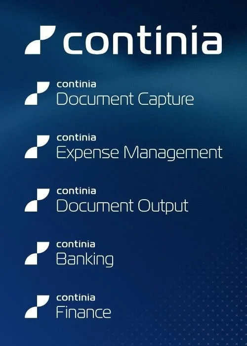 Continia software options listed: Document Capture, Expense Management, Document Output, Banking, Finance, on a dark blue background.