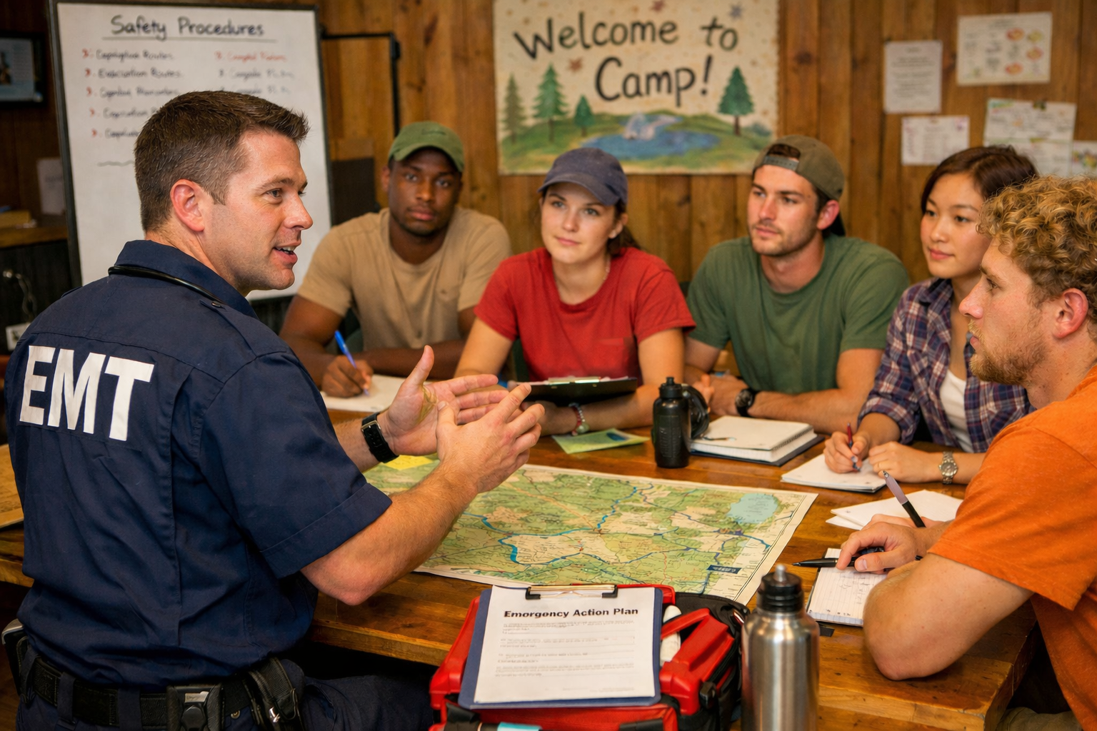 Emergency medical technician (EMT) giving a safety talk to a group of young campers seated around a table with a map, notebooks, and water bottles, in a rustic wooden room with a 'Welcome to Camp!' sign.