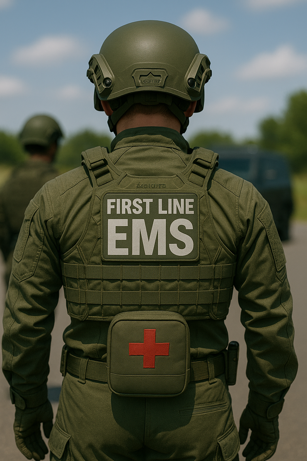 Back of a first responder in tactical gear with a helmet, vest labeled 'First Line EMS', and a pouch with a red cross patch, outdoors on a sunny day.