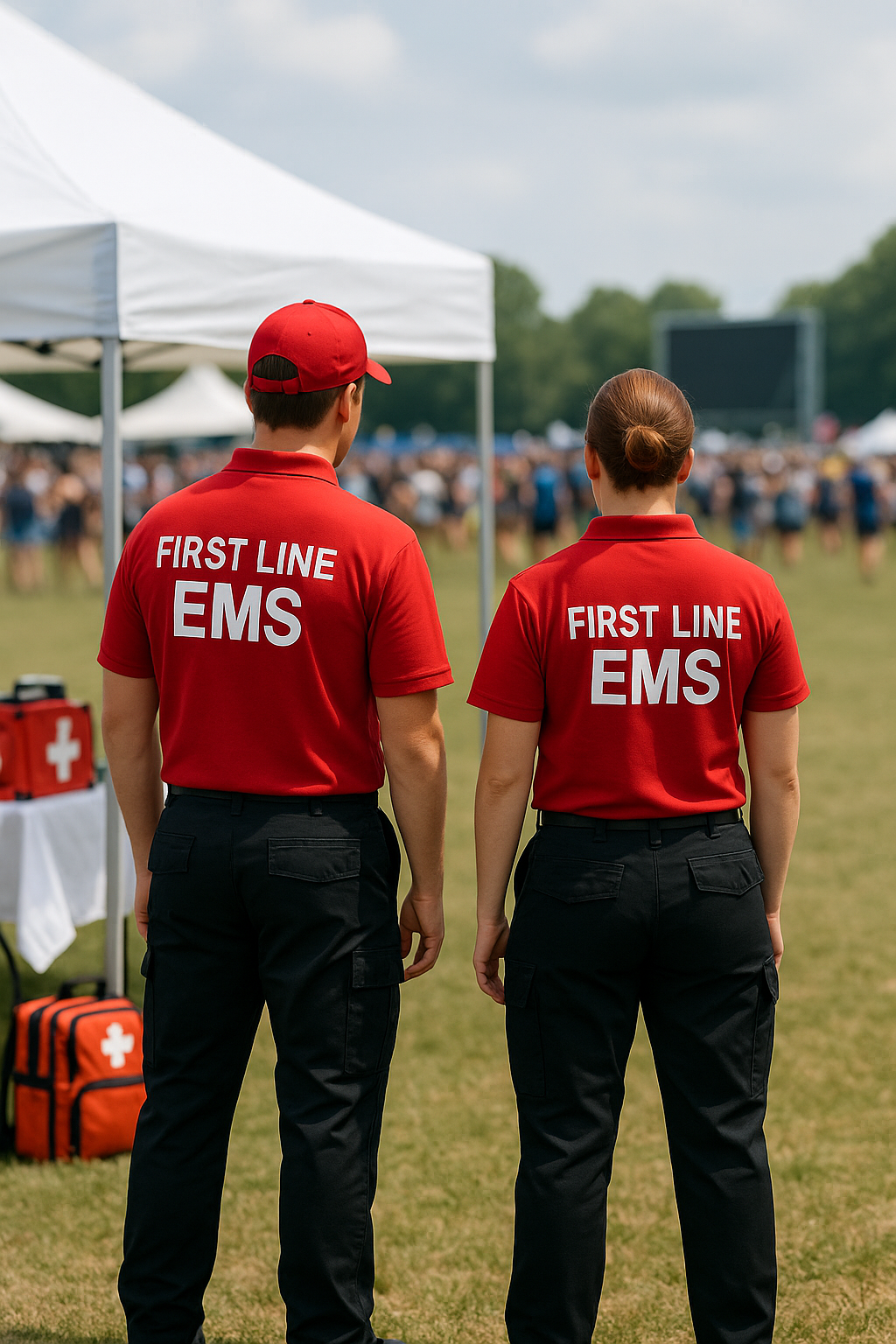 Two emergency medical services (EMS) personnel wearing red shirts with 'FIRST LINE EMS' written on the back, standing on a grassy field at an outdoor event with a crowd in the background.