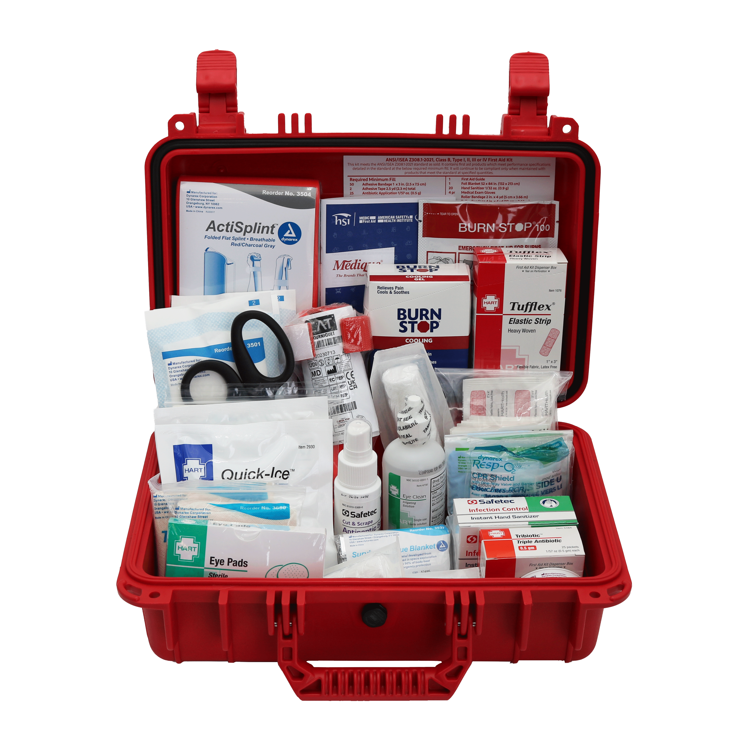 Red medical kit box containing first aid supplies such as bandages, antiseptic, eye wash, gloves, and medical tape.