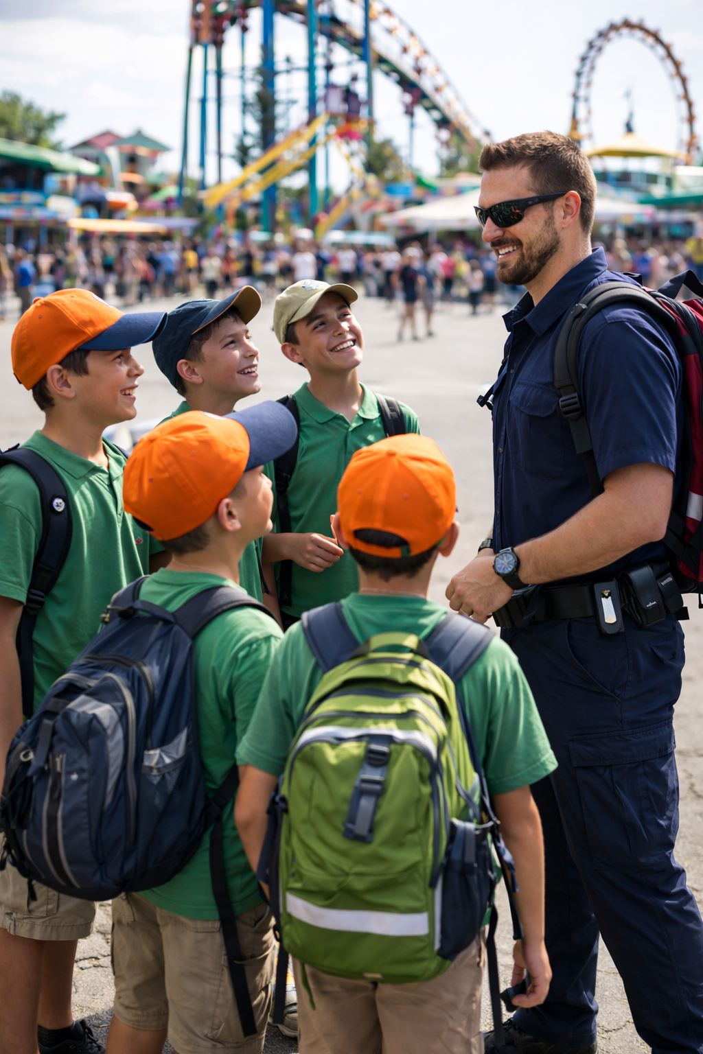 A group of young boys in green shirts and orange caps smiling and talking to a man with sunglasses at an amusement park with roller coasters and crowd in the background.