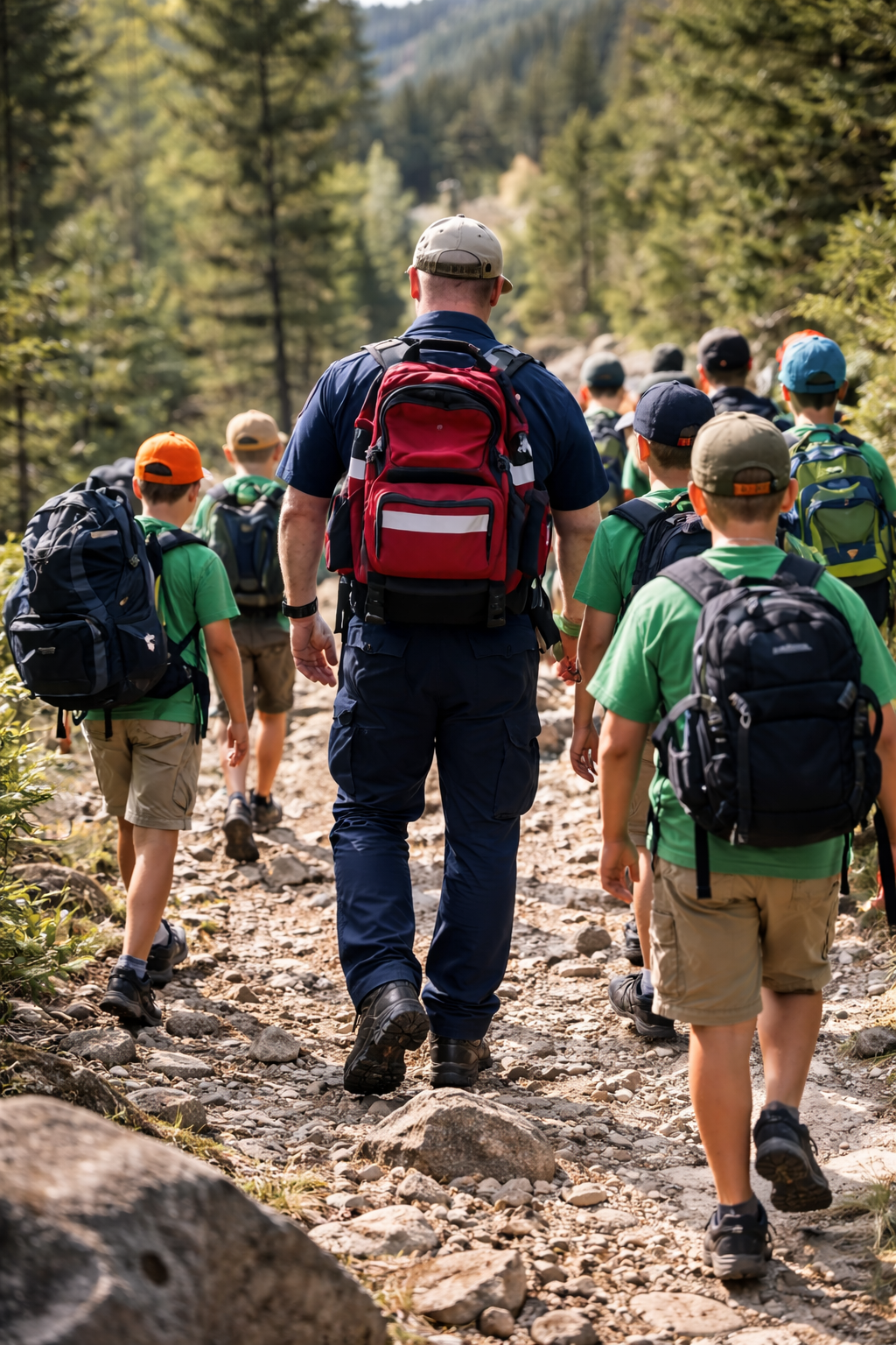 Group of children and an adult walking on a rocky forest trail with backpacks