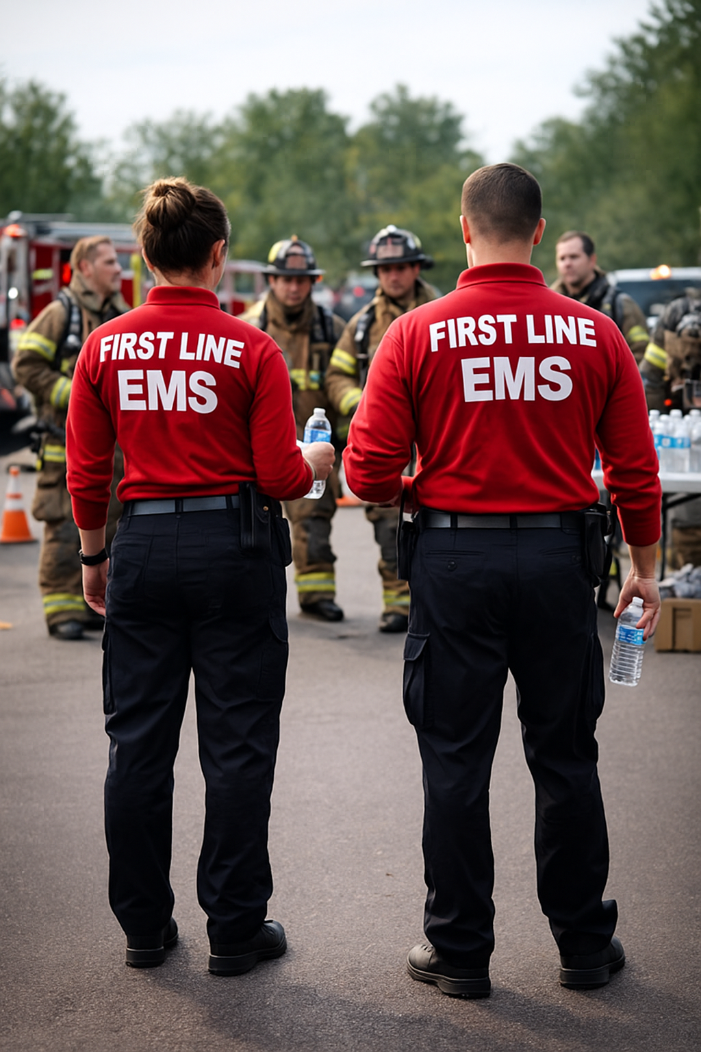 Two emergency medical responders in red shirts labeled 'First Line EMS' standing with their backs to the camera, facing a group of firefighters in uniform during a response or briefing.