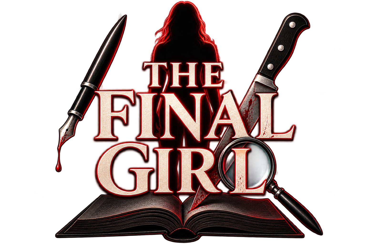 Book with modern horror-themed graphics, featuring a silhouette of a woman, blood-spattered knife, fountain pen with blood, magnifying glass, and the title 'The Final Girl' in bold red and white letters.