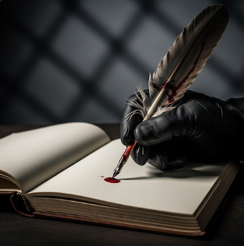 Hand dressed in a black glove holding a quill pen with red ink, writing in a blank open book.