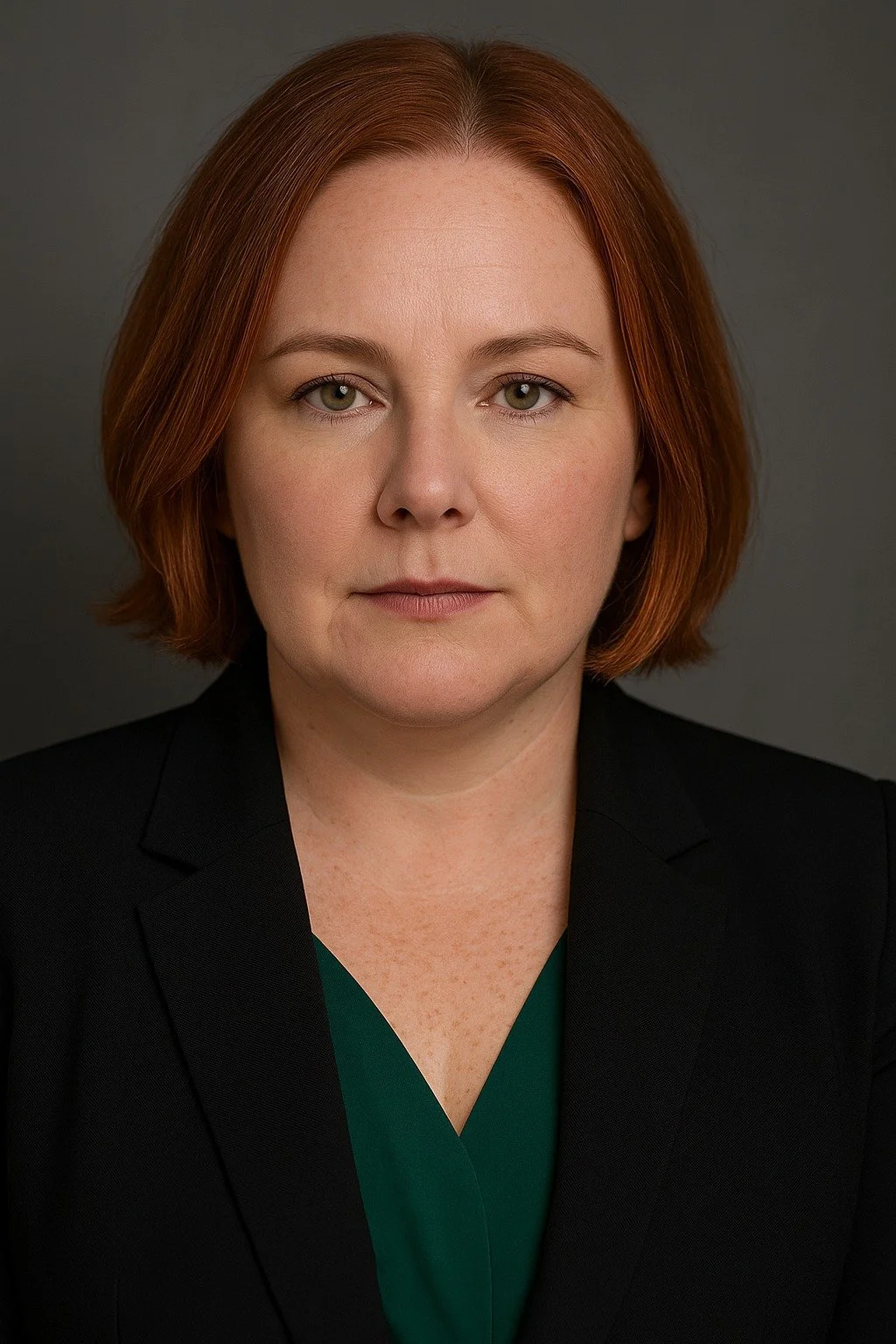 L.M. O'Reilly, editor and founder of The Final Girl Collective, wearing a black blazer and green top against a dark gray background.