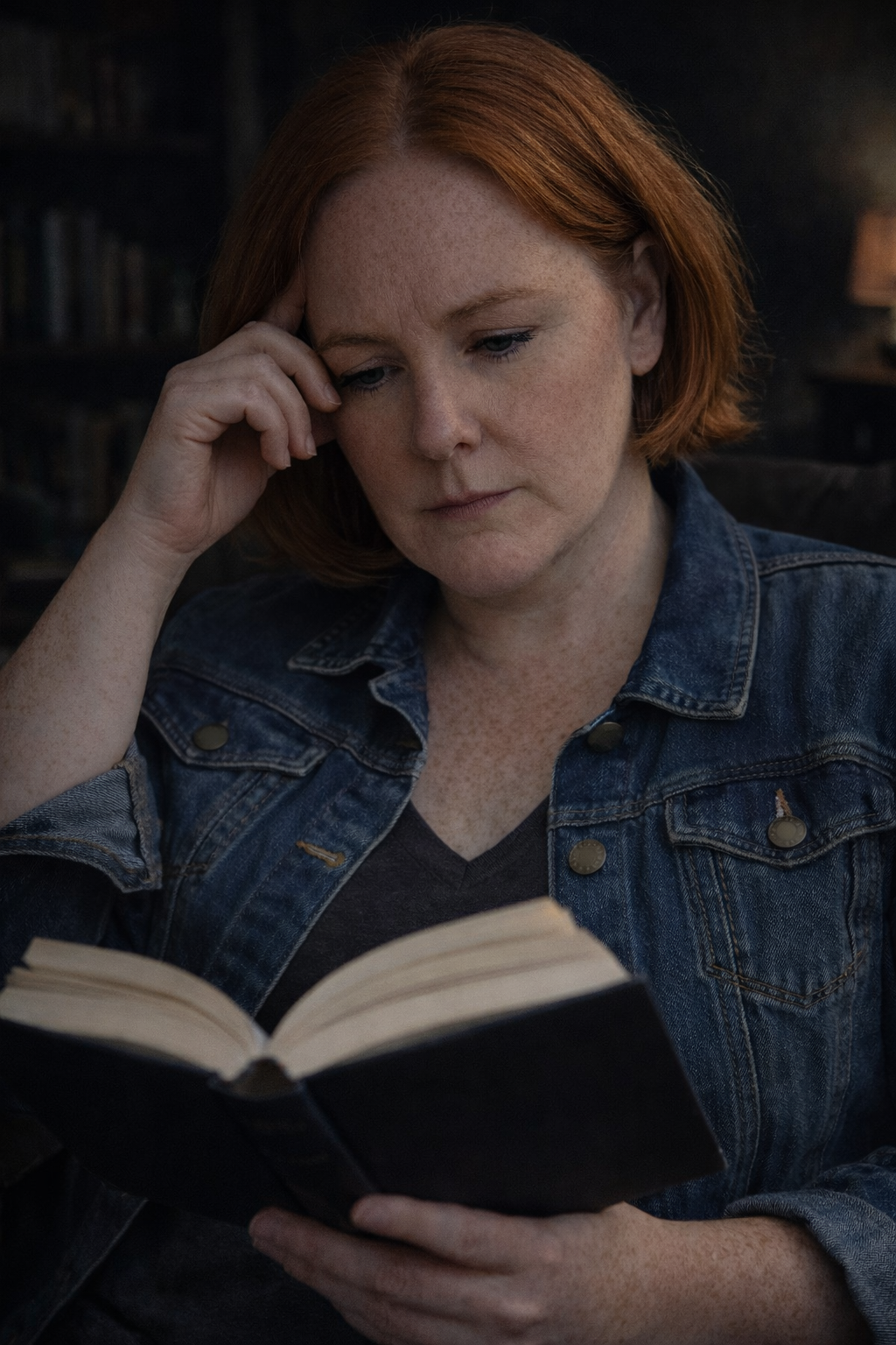 L.M. O'Reilly, editor and founder of The Final Girl Collective, wearing a denim jacket and reading a book in a dimly lit room.