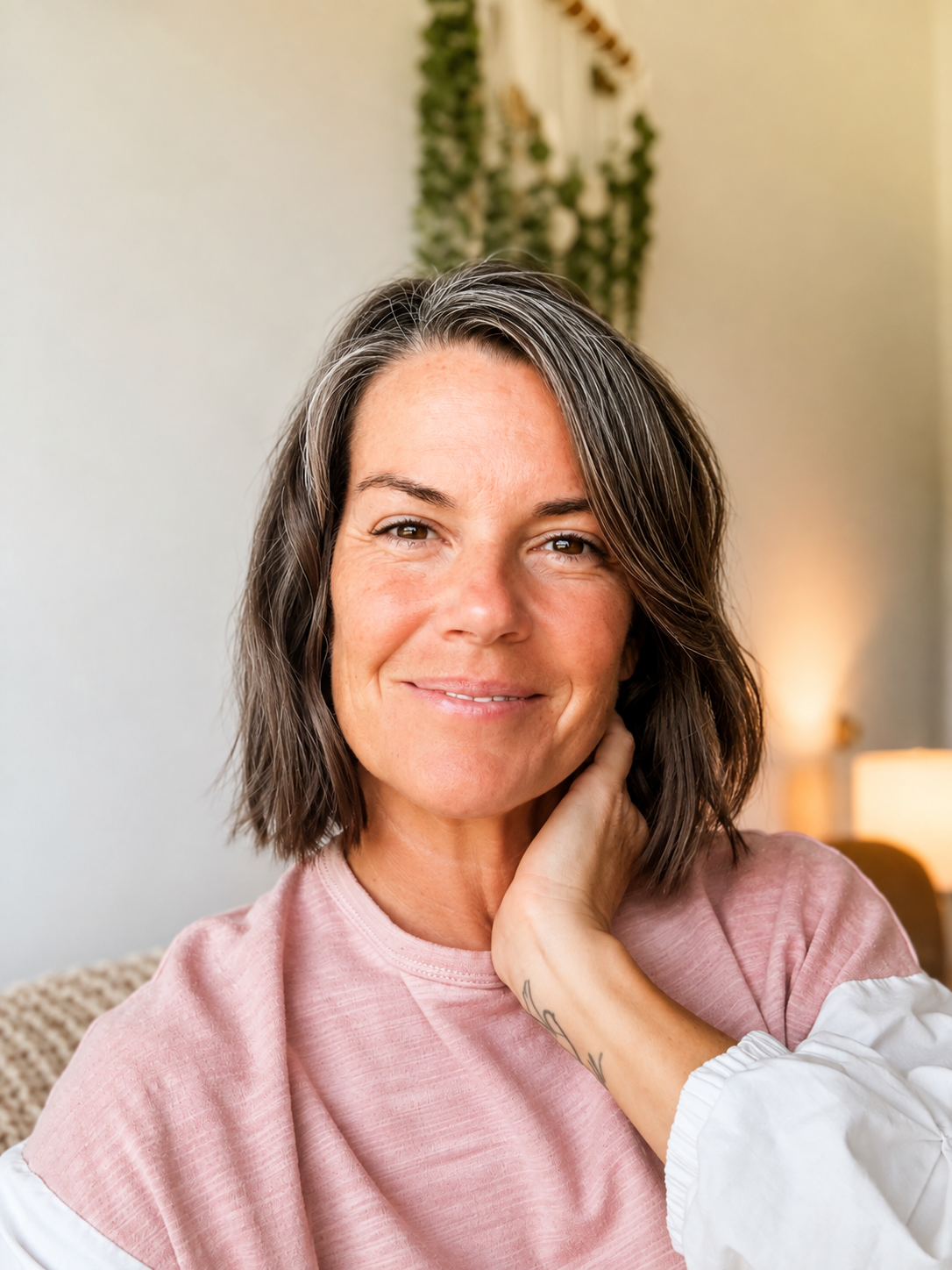 Close-up portrait of a woman with shoulder-length brown hair, smiling and touching her neck, in a cozy indoor setting with a blurred background, wearing a pink shirt with white sleeves.