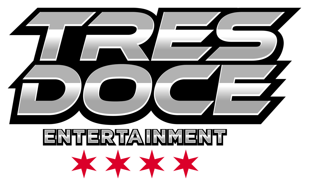 TRES DOCE ENTERTAINMENT logo with stylized black and silver text and a red underline.