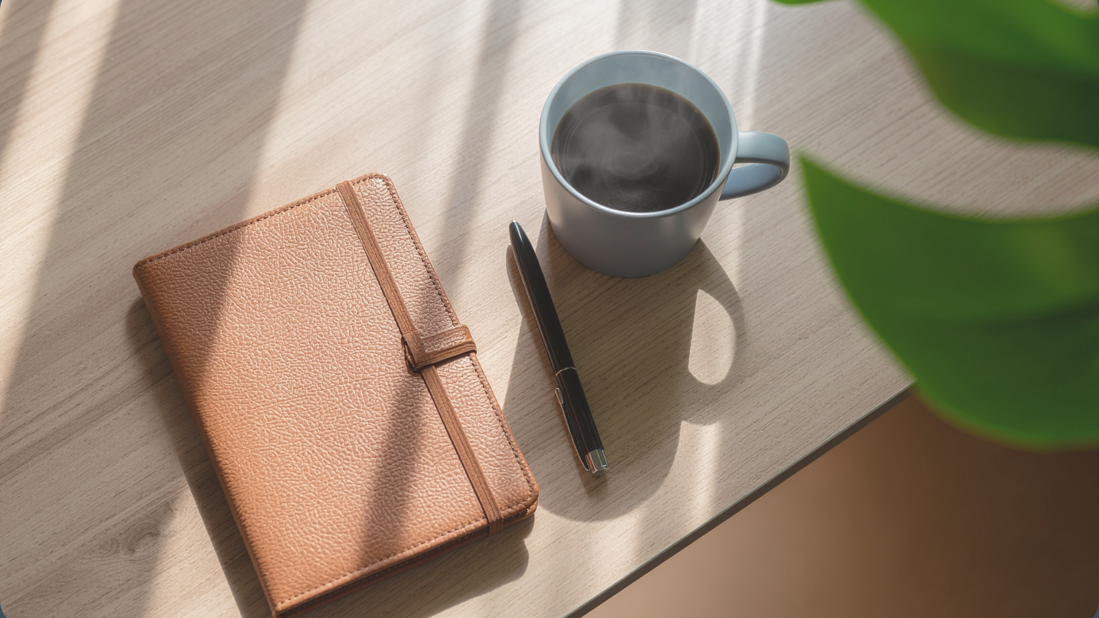 Brown leather notebook with pen and steaming cup of coffee on a wooden desk, soft plant leaves in the background, representing calm structure and support for the nervous system.