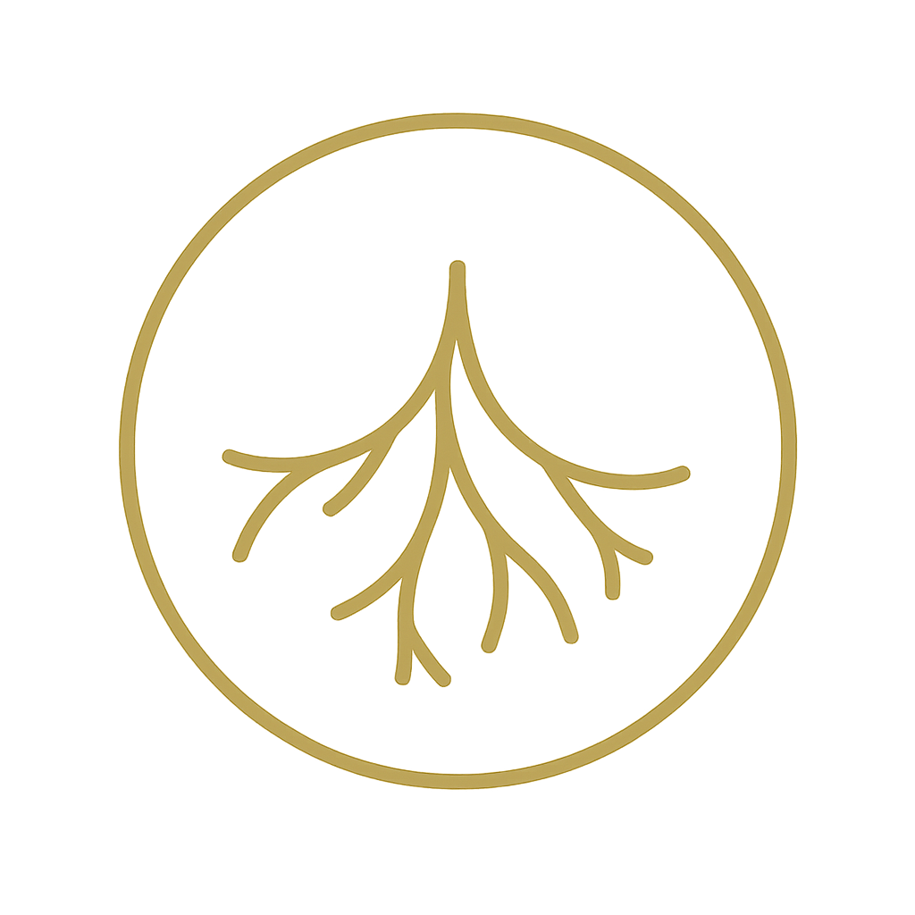 A minimalist gold line drawing of tree roots enclosed in a gold circle on a black background.