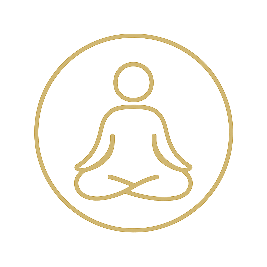 Gold outline of a person meditating in a cross-legged pose inside a circle, on a black background.