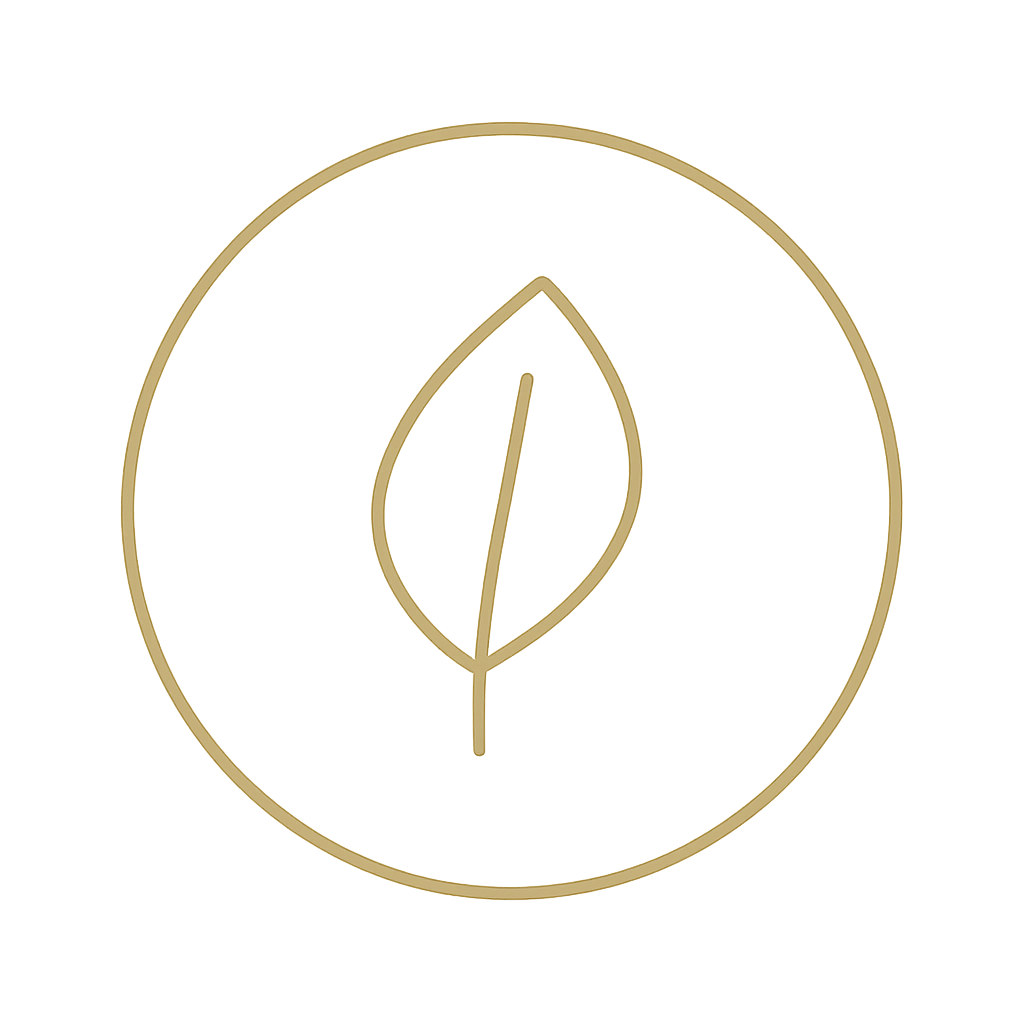 A minimalist logo featuring a gold outline of a leaf inside a circle on a black background.