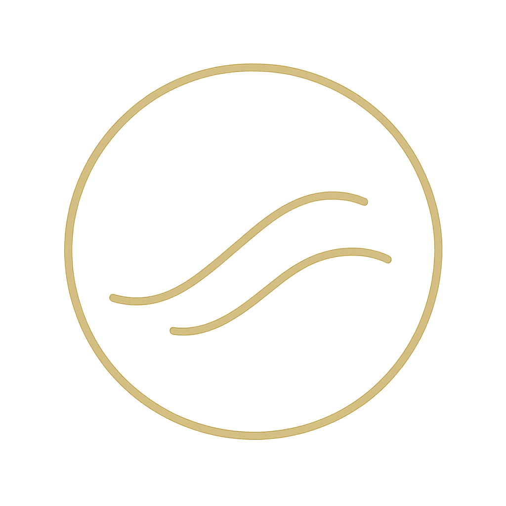 A minimalistic, gold-colored logo featuring two wavy lines enclosed within a gold circle.