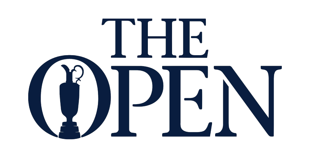 Logo for The Open, featuring a dark blue open golf trophy inside a circle, with the words "THE OPEN" in bold uppercase letters beside it.