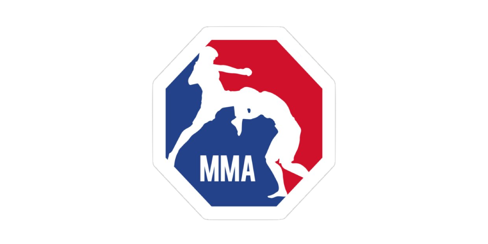 Red and blue MMA logo with fighters sparring.