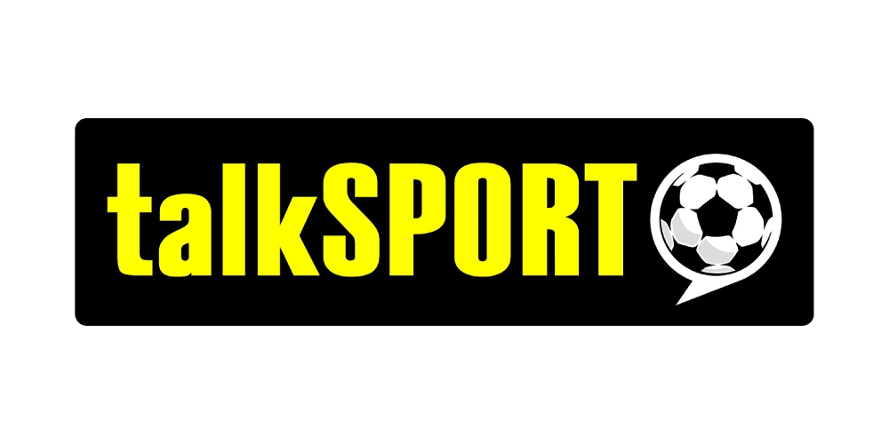 Yellow and black talkSPORT logo with soccer ball.