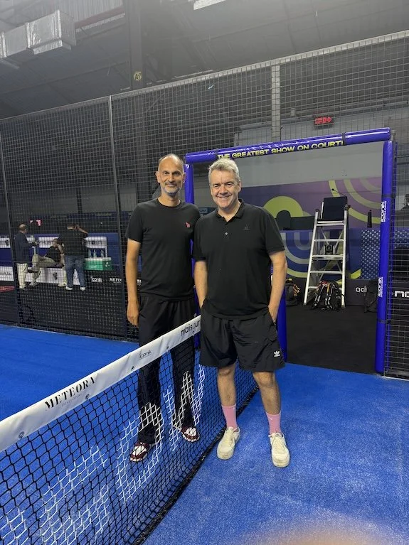 Dave Farrar and Arvind Parmar on Padel court, where they commentated on the vibrant and successful World Padel League in Mumbai.