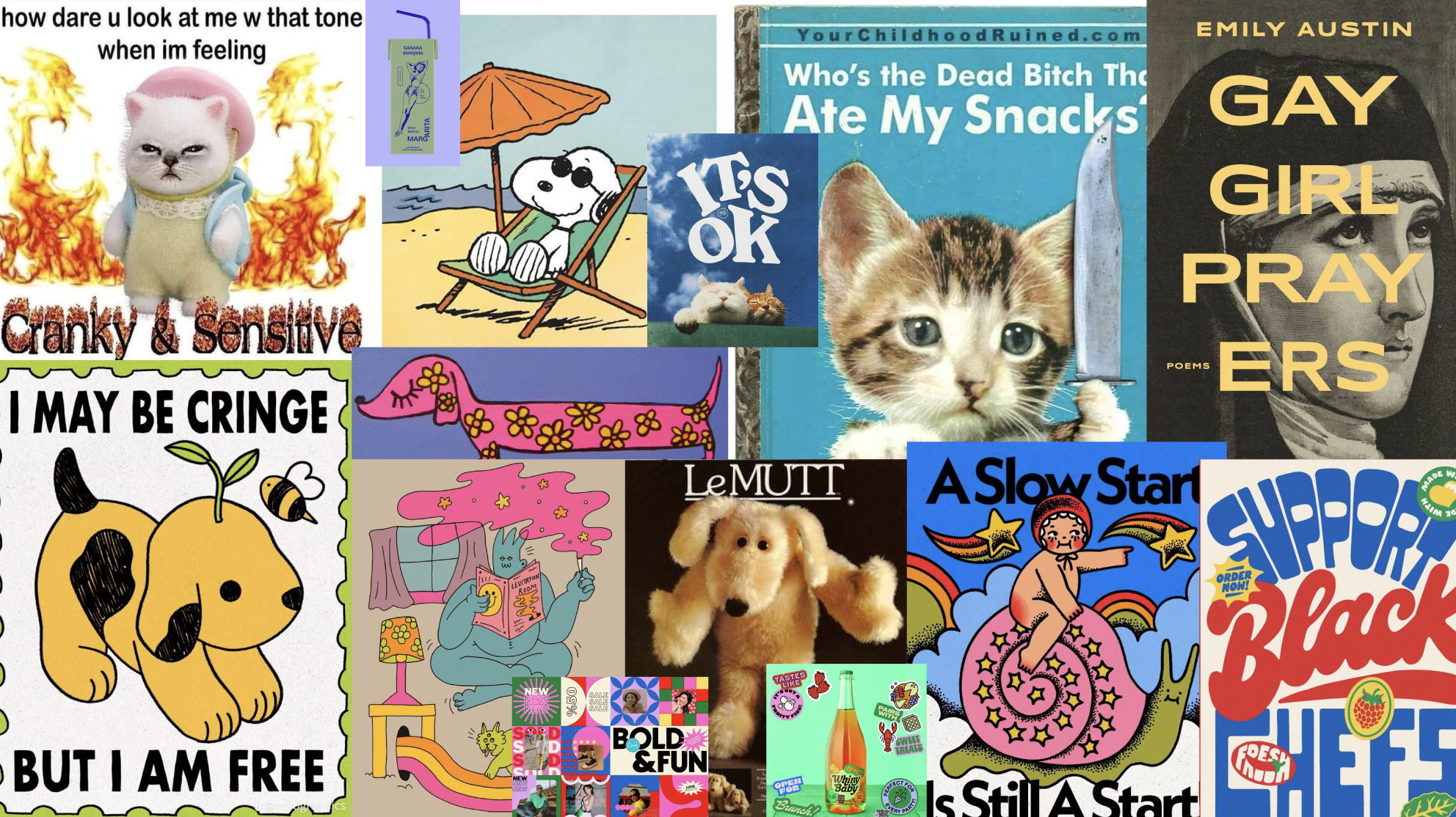 Collage of humorous and cute images including a grumpy cat with a flaming background, Snoopy relaxing on a beach, a kitten with a kitchen knife, a book titled "Who's the Dead Bitch That Ate My Snacks," a black and white photo of a woman with the words "Gay Girl Pray Ers," a dog with flowers on its body, a blue dog illustration, a cartoon bear reading a book, a plush dog, a rainbow with a girl riding a snail, and a can of support for black waffles, among others.