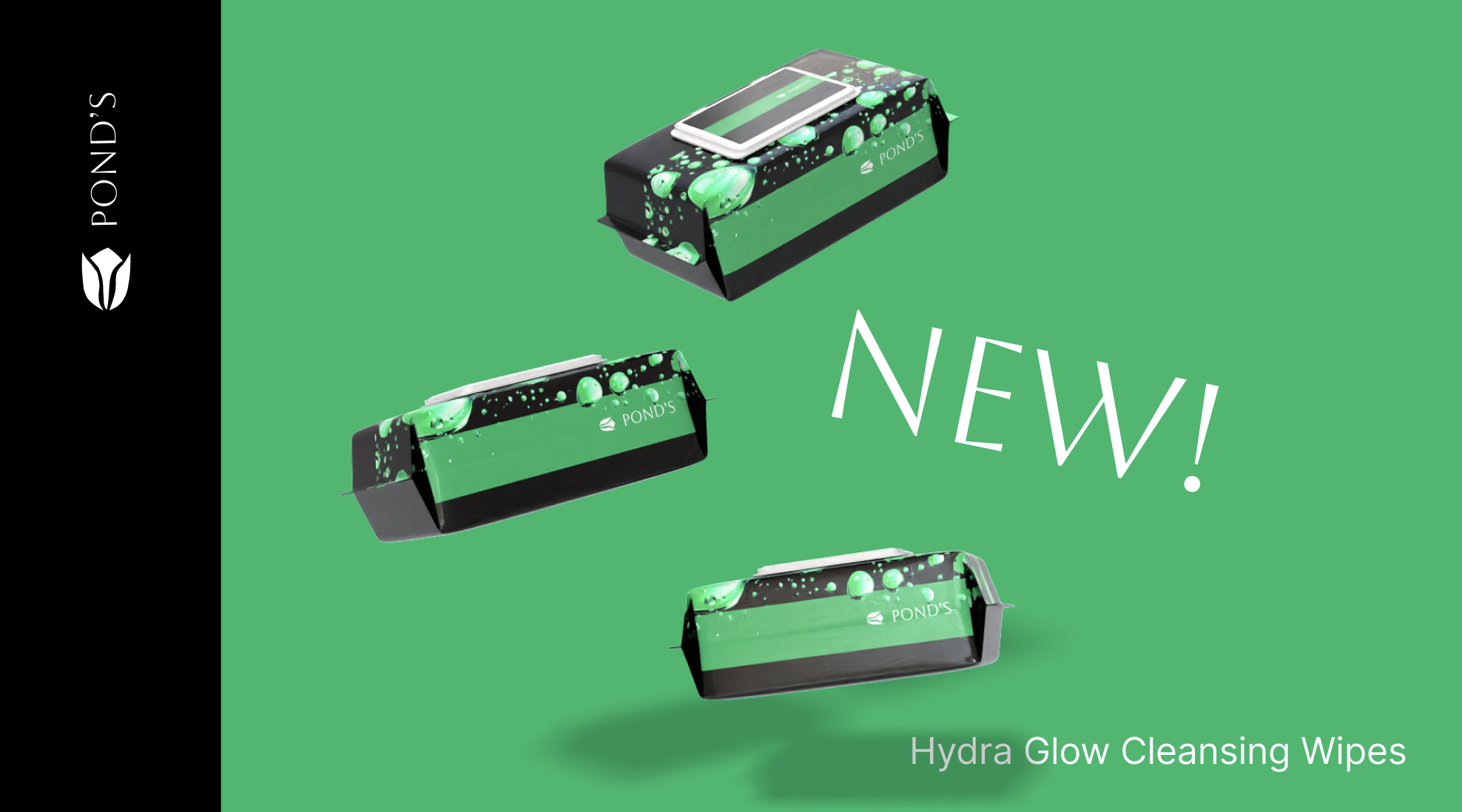 Three packs of Pond's Hydra Glow Cleansing Wipes with green packaging and water droplet design, positioned diagonally on a green background, with the word 'NEW!' in white and the product description at the bottom.